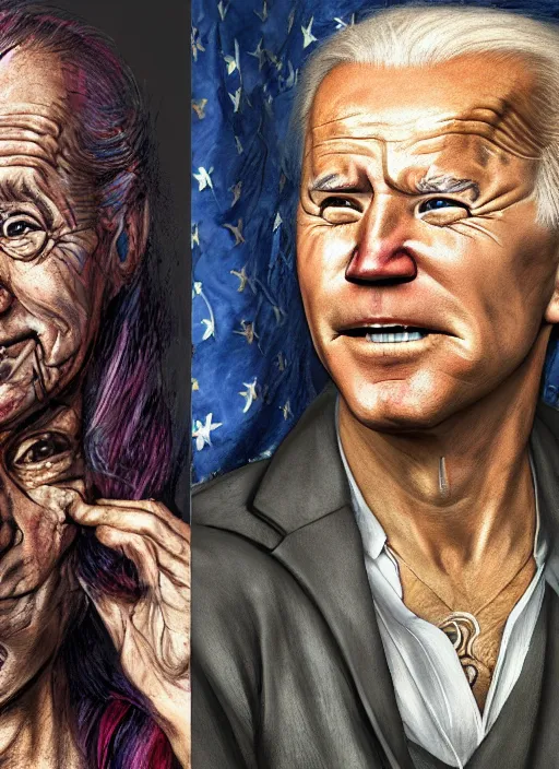 Prompt: Joe Biden as a transgender woman, very old and sleepy, wrinkles, maniac look, rainbow hair, ugly, gross, realistic, beta male, accurately portrayed, portrait art by Hieronymus Bosch, highly detailed, digital painting, concept art, illustration, transgender flag displayed, trending on artstation, very detailed, smooth, sharp focus, octane render, close up