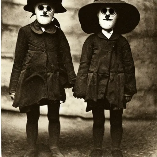 Image similar to portrait of children wearing plague masks, photograph, style of atget, 1 9 1 0, creepy, dark