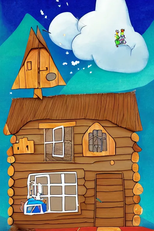 Image similar to a children's book illustration of an adventure cabin flying through the clouds