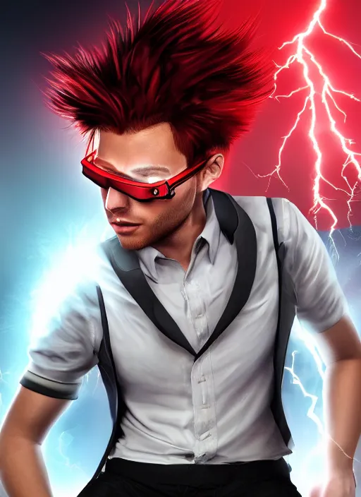 Image similar to photorealistic young man with red spiked long hair, using googles. Wearing black waistcoat, white shirt. dynamic lightning.