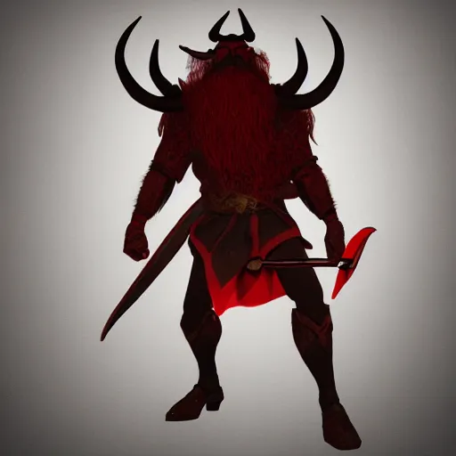 Image similar to dnd render of a man, red, a big black beard, golden eyes, 2 curved horns, one broken horn,