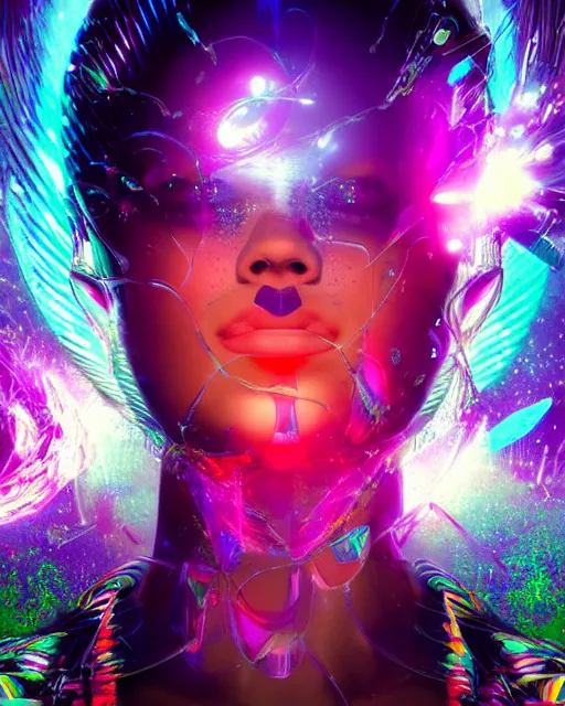 Image similar to a powerful energy psychedelic matrix woman, by alexander fedosav, hyper detailed digital matte painting, concept art, hyperrealism, 1 6 k resolution, cinema 4 d, 8 k resolution, trending on artstation, behance hd, a masterpiece, by stephan martiniere, particles, cel - shaded, power bright neon energy, by david a. hardy,