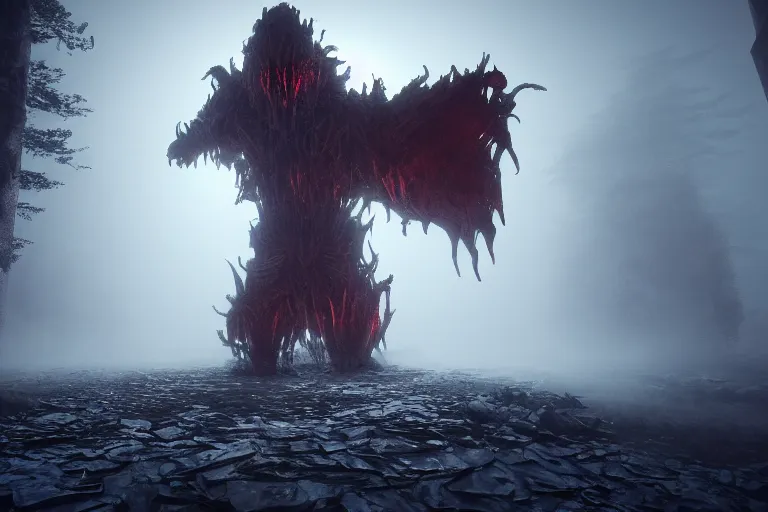 Prompt: amplified ritual engine, monster shrouded in fog, dramatic lighting, unreal engine, cgsociety, artstation, 4k