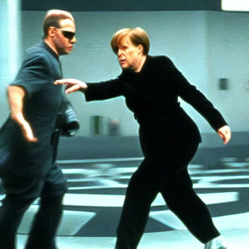 Prompt: Dramatic action shot of Angela Merkel dodging kick from Neo in the matrix movie 1999