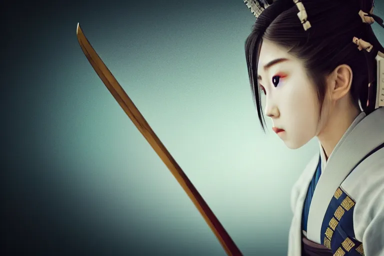 Image similar to highly detailed beautiful photo of a young female samurai, practising sword stances, symmetrical face, beautiful eyes, realistic anime art style, 8 k, award winning photo, pastels, action photography, 1 / 1 2 5 shutter speed, dramatic lighting