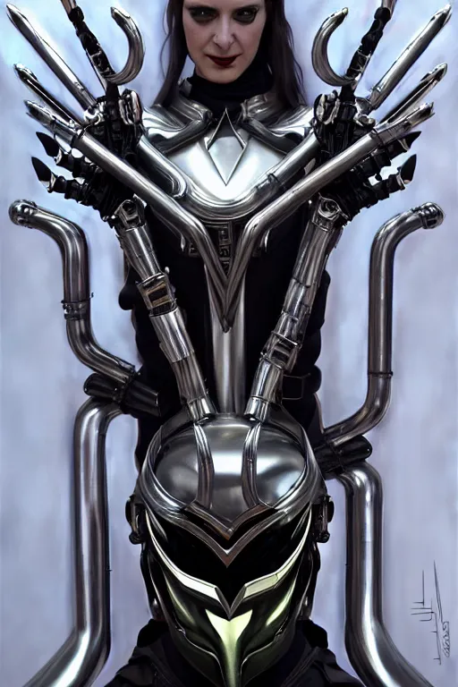 Image similar to chrome futuristic cyborg with curved metal horns, chrome motorcycle parts, dark art, full body, loki horns, diffuse lighting, fantasy, intricate, elegant, highly detailed, lifelike, photorealistic, digital painting, artstation, illustration, concept art, smooth, sharp focus, art by John Collier and Albert Aublet and Krenz Cushart and Artem Demura and Alphonse Mucha