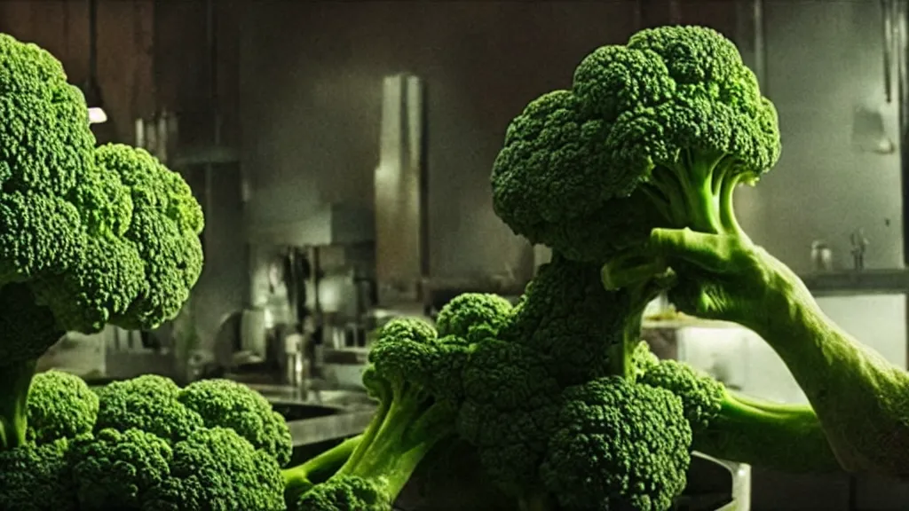 Prompt: the broccoli creature, film still from the movie directed by denis villeneuve and david cronenberg with art direction by salvador dali, wide lens