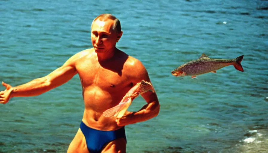 Image similar to 7 0 s movie still of putin in speedo, catching a salmon with his hands, focus on face. cinestill 8 0 0 t _ 3 5 mm eastmancolor, heavy grain, high quality, high detail