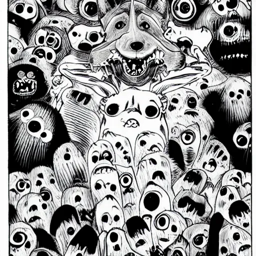 Prompt: terrifying lovecraftian corgi puppy with many eyes, manga drawing by junji ito, horror