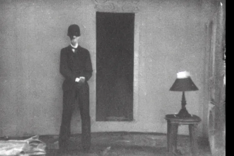 Prompt: an very old photo of slenderman in a house with nothing else