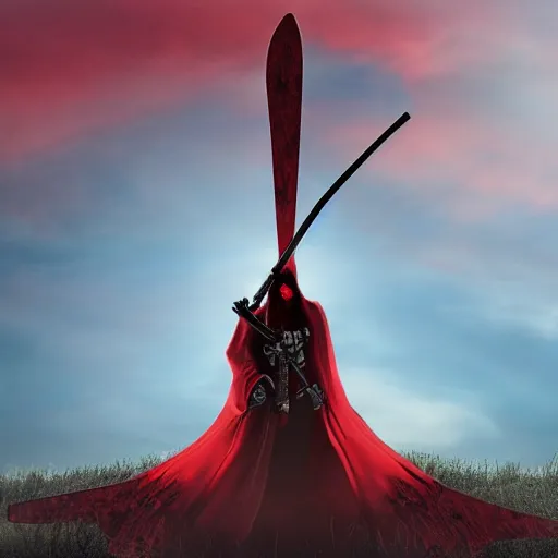 Prompt: Red Death Reaper holding a scythe, red sky, 8k