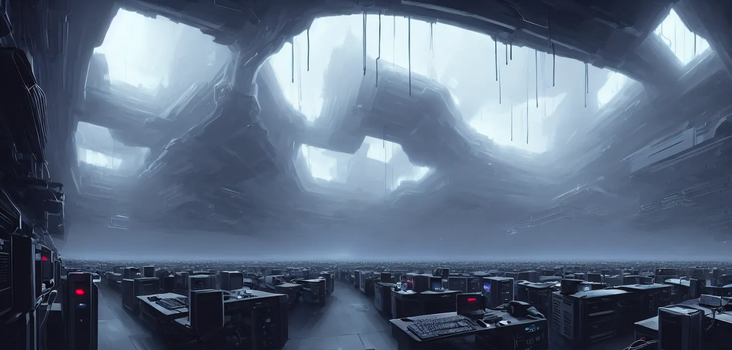 Image similar to computers, wired in, in a highly detailed server room with computers everywhere, cinematic view, epic sky, detailed, concept art, low angle, high detail, warm lighting, volumetric, godrays, vivid, beautiful, trending on artstation, by jordan grimmer, huge scene, art greg rutkowski