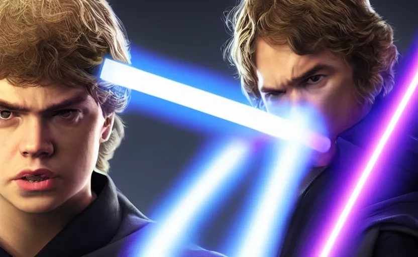 Prompt: a portrait of anakin skywalker looking angrily into the camera wielding a purple lightsaber, detailed, cinematic, raytracing, realistic