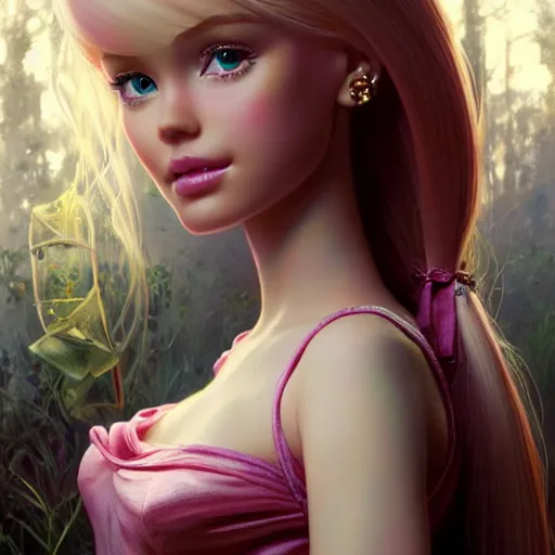 Image similar to a beautiful portrait of barbie in distress ; ultra realistic, concept art, intricate details, stunning model, highly detailed, photorealistic, octane render, 8 k, unreal engine. art by artgerm and greg rutkowski and charlie bowater and magali villeneuve and alphonse mucha