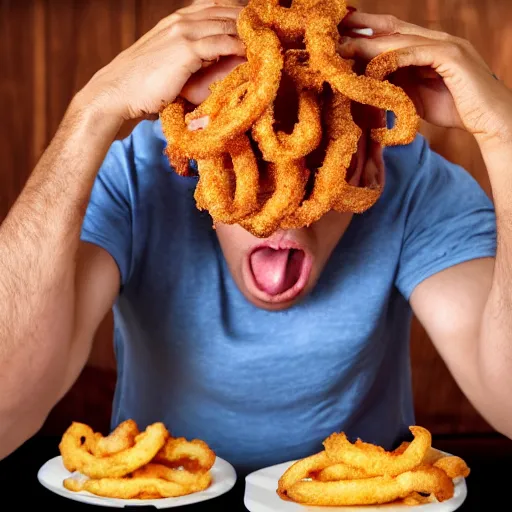 Prompt: a photograph of a man who is upset because his head is covered in onion rings.