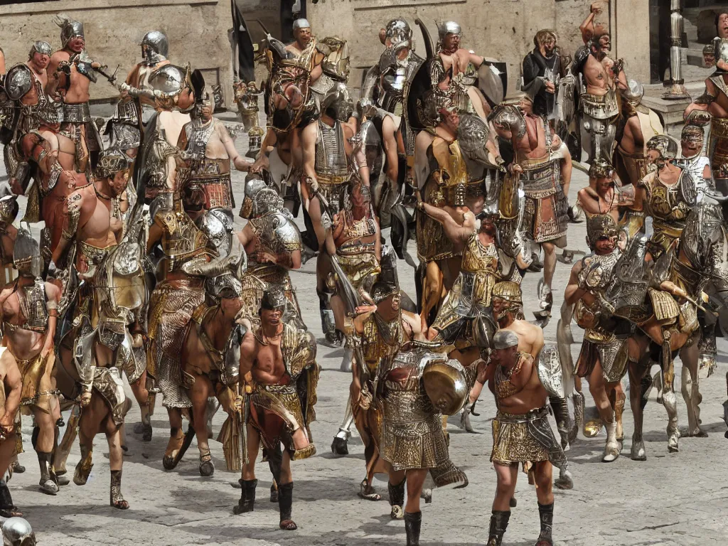 Image similar to Roman legions of Caesar parading in Rome, in the style of Jérôme Bosch, intricate details