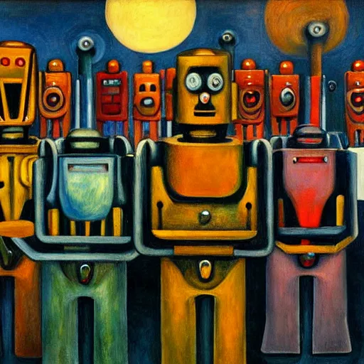 Prompt: robot parade, dystopian, pj crook, edward hopper, oil on canvas