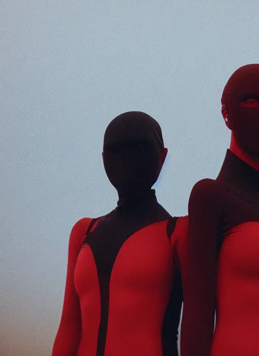 Image similar to cinestill 5 0 d photographic portrait by steve mccurry of two loving female androids wearing rugged black mesh techwear in a brutalist compound with a red sky, extreme closeup, cyberpunk style, dust storm, 8 k, hd, high resolution, 3 5 mm, f / 3 2, ultra realistic faces, ex machina