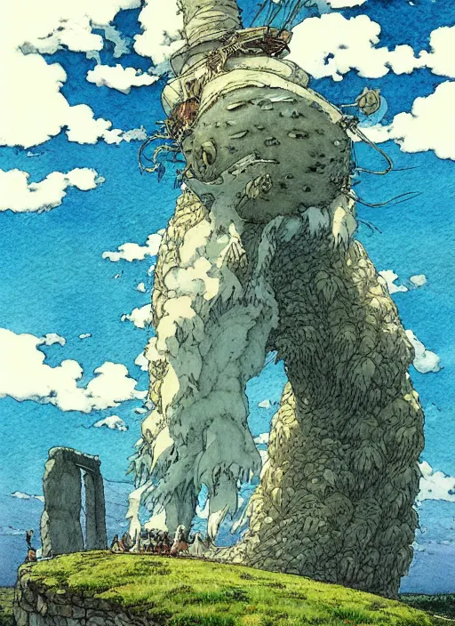 Prompt: hyperrealist studio ghibli watercolor fantasy concept art of a giant from howl's moving castle sitting on stonehenge like a chair. it is a misty starry night. by rebecca guay, michael kaluta, charles vess