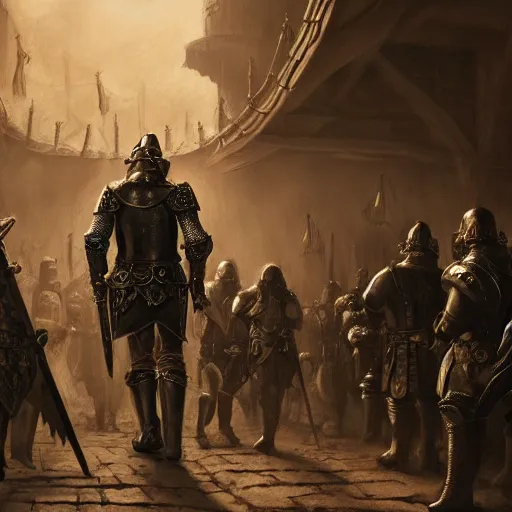 Prompt: An adventurer in leather armor walking into a tavern filled with people, HD, ultra detail, matte, fantasy, famous illustration, masterpiece, dark atmosphere, war, good value control, intricate, cinematic, concept art, 8K,