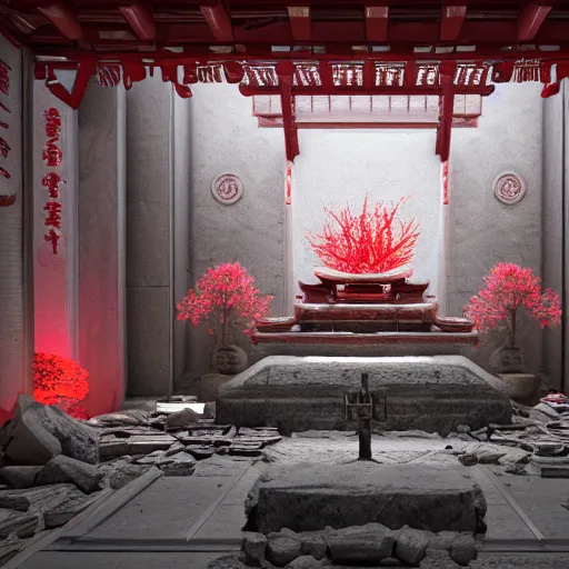 Prompt: destroyed old shintoist temple interior, detailed, jewelry, sakura,photograph, award wining, red and white, trending on artstation, 4k, unreal engine 5, octane render, neon highlights