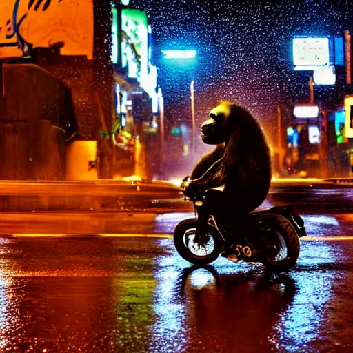 Image similar to a gorilla is riding a motor cycle in a cyberpunk city, shot from far away, during night, raining, many puddles on the street where the shiny motorcycle is reflected in