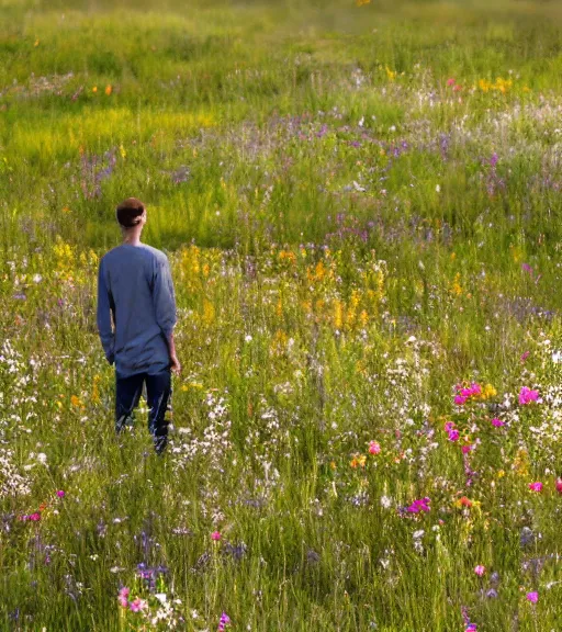 Image similar to tall shadow person figure standing in beautiful meadow of flowers, high quality film photo, grainy, high detail, high resolution