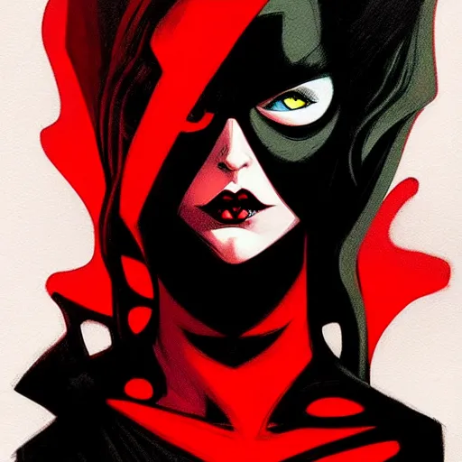 Image similar to rafael albuquerque comic art, peter mohrbacher, artgerm, joshua middleton, pretty evil elizabeth olson demon, black and red dress, symmetrical eyes