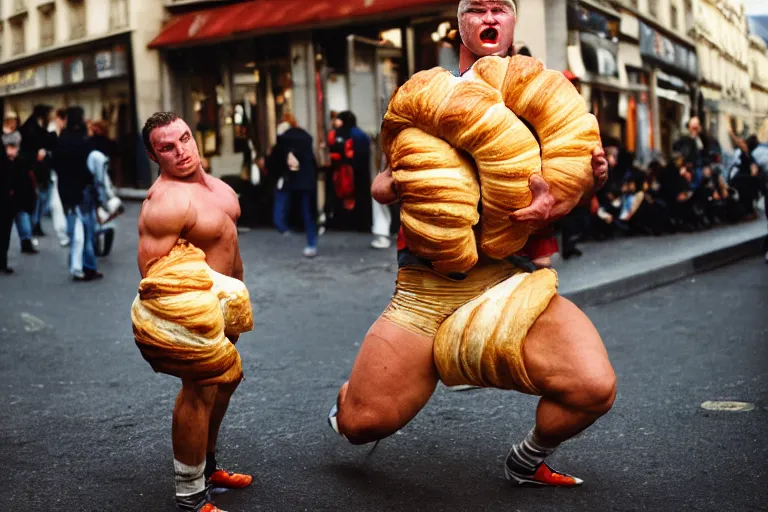 Image similar to closeup potrait of a wrestler wrestling a giant croissant in a paris street, natural light, sharp, detailed face, magazine, press, photo, Steve McCurry, David Lazar, Canon, Nikon, focus