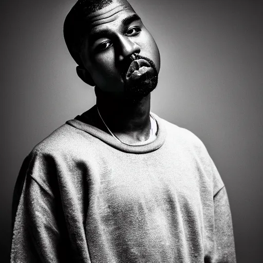 Prompt: the face of young kanye west wearing yeezy clothing at 2 3 years old, black and white portrait by julia cameron, chiaroscuro lighting, shallow depth of field, 8 0 mm, f 1. 8