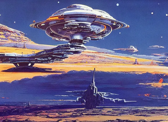Prompt: a spaceship in a stunning landscape by robert mccall