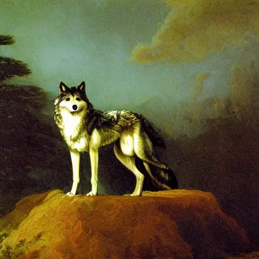 Image similar to A painting of an anthropomorphic wolf wearing a black doublet by Robert Cleminson and Albert Bierstadt