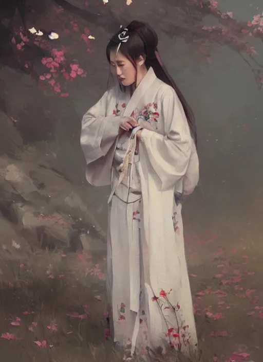 Image similar to oil painting girl wearing hanfu, herb rose, by greg rutkowski, artstation