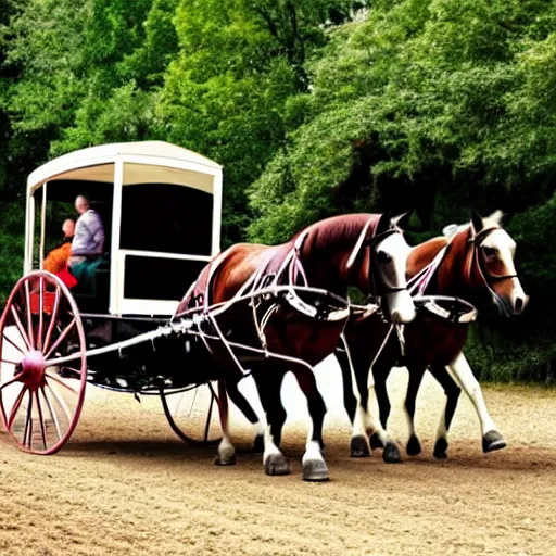 Prompt: Carriage Being Pulled by Humans and Driven by Horses