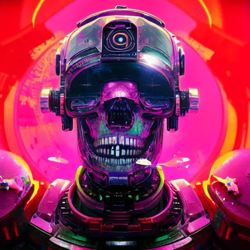 Prompt: portrait of a futuristic space pirate skull. VR helmet broken. sci-fi Iridium visor. intricate abstract. intricate spaceship decor. nightmare fuel. terrifying. warhammer 40k. Ghost in the Shell style, by Tooth Wu, Wlop, Beeple, Dan Mumford. octane render, trending on artstation, Greg Rutkowski very coherent symmetrical artwork. cinematic, hyper realism, high detail, octane render, 8k, iridescent accents, black and white