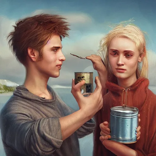 Prompt: a highly detailed side portrait of a young couple from the side, holding a tin can, remote icelandic village, summer, jeans and t shirt, blonde hair, muted colors, by tom bagshaw, trending on artstation,