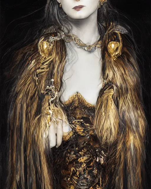 Image similar to a portrait of black shadow nightmare human monster, covered in long fur, long black velvet gown, gold necklaces, illustration, dramatic lighting, soft details, painting oil on canvas, art nouveau, octane render, HDR, 4k, 8k, HD, by Edmund Blair Leighton, Brom, Charlie Bowater, trending on artstation, Tom Bagshaw, faces by otto Schmidt