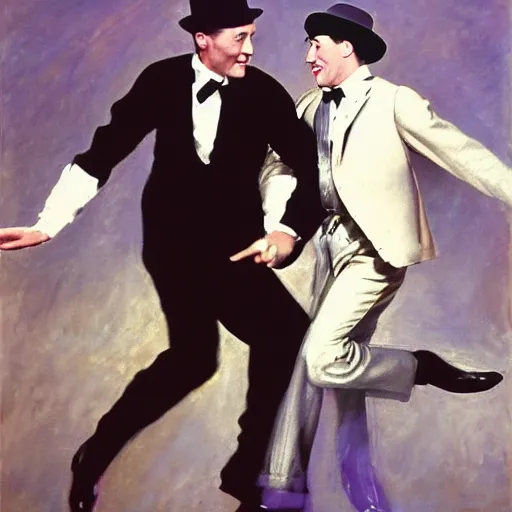 Prompt: Gene Kelly dancing with Pee Wee Herman, by Sir James Guthrie, hyperrealism