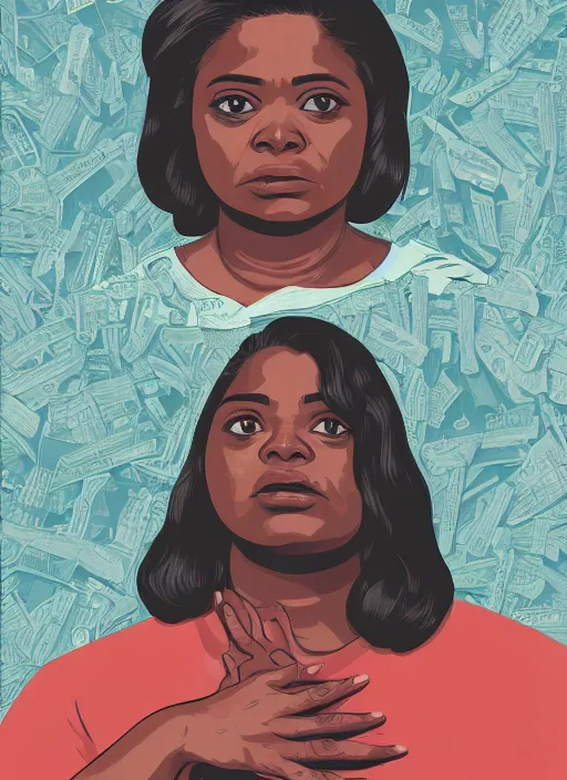 Prompt: poster artwork by James Jean and Tomer Hanuka, of Octavia Spencer has a mysterious man's voice in her hear who lives in a resort, psychological thriller film scene from scene from Twin Peaks, clean, simple illustration, nostalgic, domestic, full of details