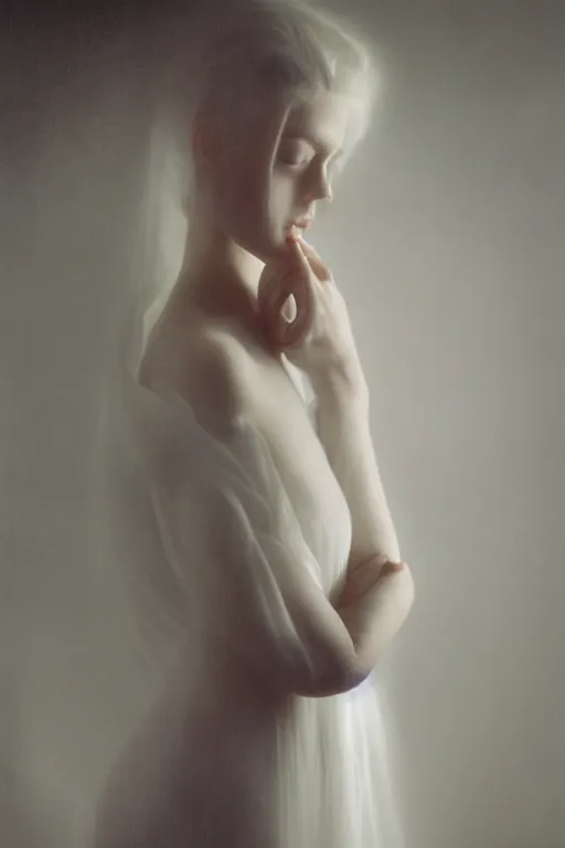 Prompt: kodak portra 4 0 0 long exposure photo portrait of a beautiful woman, dreaming in style of antoine d'agata and andrei tartovsky, dressed a long white, elegant, highly detailed, sharp focus, octane render, ethereal, otherworldly colors, atmospheric, soft light, dreamy, volumetric lighting unreal engine, epic fantasy