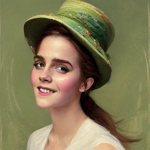 Image similar to thick paint brush strokes full body fashion model smiling squinting emma watson by Jeremy Lipking by Hasui Kawase by Richard Schmid (((smokey eyes makeup eye shadow fantasy, glow, shimmer as victorian woman in a long white frilly lace dress and a large white hat having tea in a sunroom filled with flowers, roses and lush fern flowers ,intricate, night, highly detailed, dramatic lighting))) , high quality