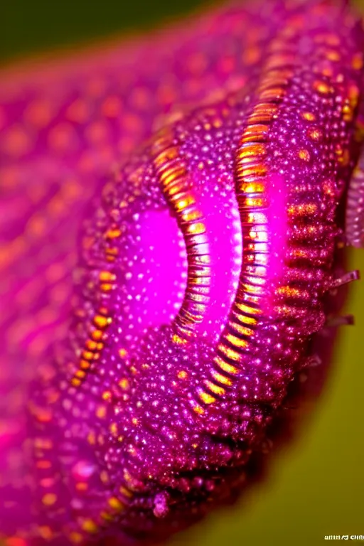 Image similar to high quality macro photo iridescent cyborg caterpillar! cute highly detailed david ligare elson peter cinematic pink lighting high quality low angle hd 8k sharp shallow depth of field