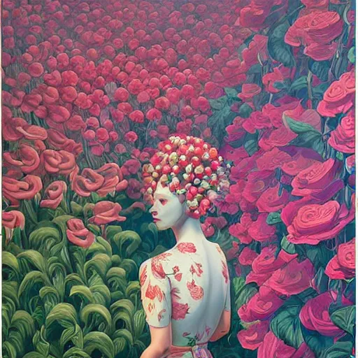 Prompt: hyper detailed painting- surreal flowers bushes everywhere, long petals, entangled foliage, glowing blossoms, huge blossoms, art by James Jean, Masterpiece, Edward Hopper and James Gilleard, Ross Tran, Mark Ryden, Wolfgang Lettl, hints of Yayoi Kasuma, surreal
