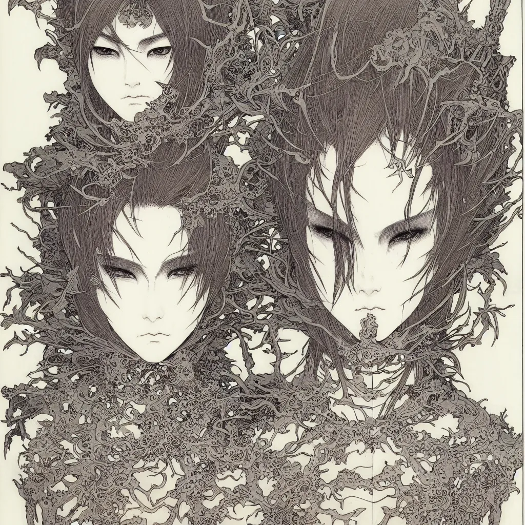 Prompt: prompt: one human Fragile looking character portrait face drawn by Takato Yamamoto, Human inside modernistic looking armor with wild hairstyle, inspired by Evangeleon, clean ink detailed line drawing, intricate detail, manga 1980, poster composition