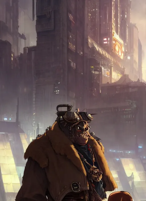 Image similar to a portrait of a handsome dieselpunk orc in a city, key visual, ambient lighting, highly detailed, digital painting, artstation, concept art, sharp focus, by makoto shinkai and akihiko yoshida and hidari and wlop