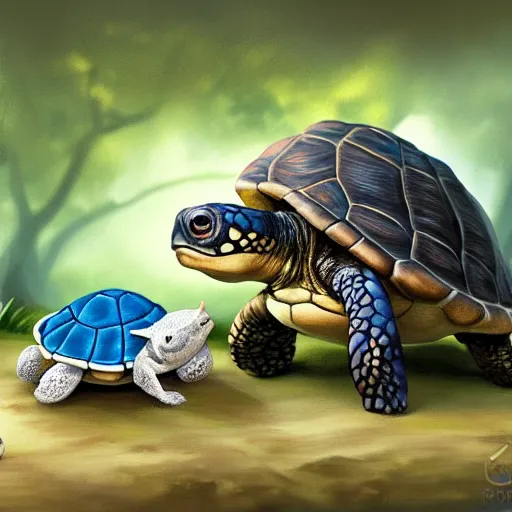 Image similar to baby turtle playing with a baby rabbit, concept art, painting, highly detailed