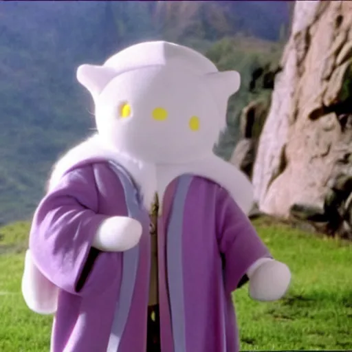 Image similar to gandalf dressed like Hello Kitty, movie still from the lord of the rings