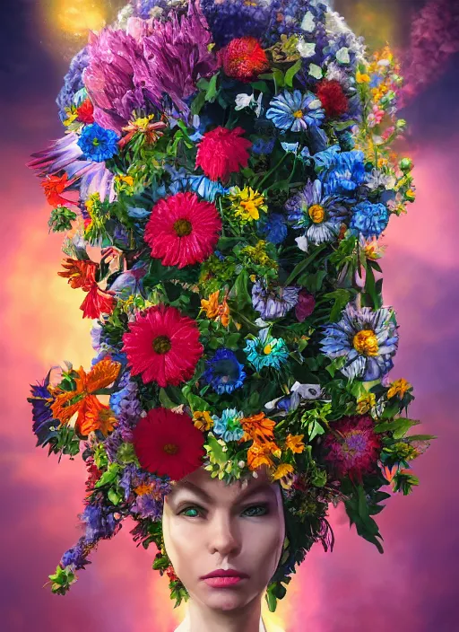 Prompt: An epic fantastic realism comic book style painting of the most beautiful flowers launched into space, bouquets, Shamanic Mask made of flowers, fisheye lens, unreal 5, DAZ, hyperrealistic, octane render, dynamic lighting