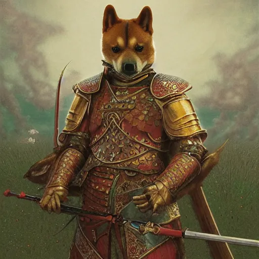 Image similar to anthropomorphic shiba inu is, army of knights wearing armor, anthropomorphic shiba inu medieval banquet, stuning fantasy 3 d render, masterpiece, glowing aura, by donato giancola and greg rutkowski and wayne barlow and zdzisław beksinski, realistic face