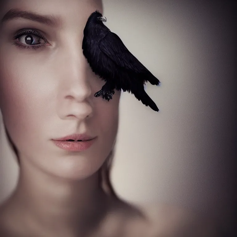 Prompt: hight focus of a wonderful realistic focused sweet wonderful symmetrical mid portrait in the center of image, of a lonely woman with a only a dress like a realistic black raven, dramatic light, octane render - 8 k